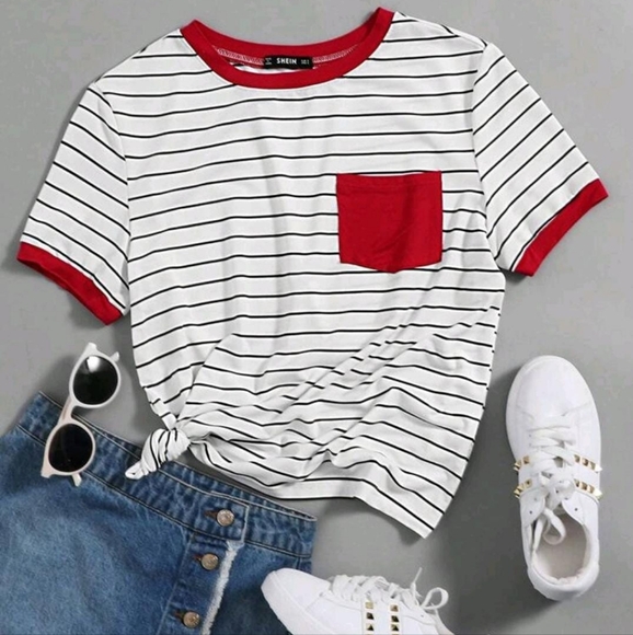 Striped T-Shirt with Red Accents - Picture 1 of 3